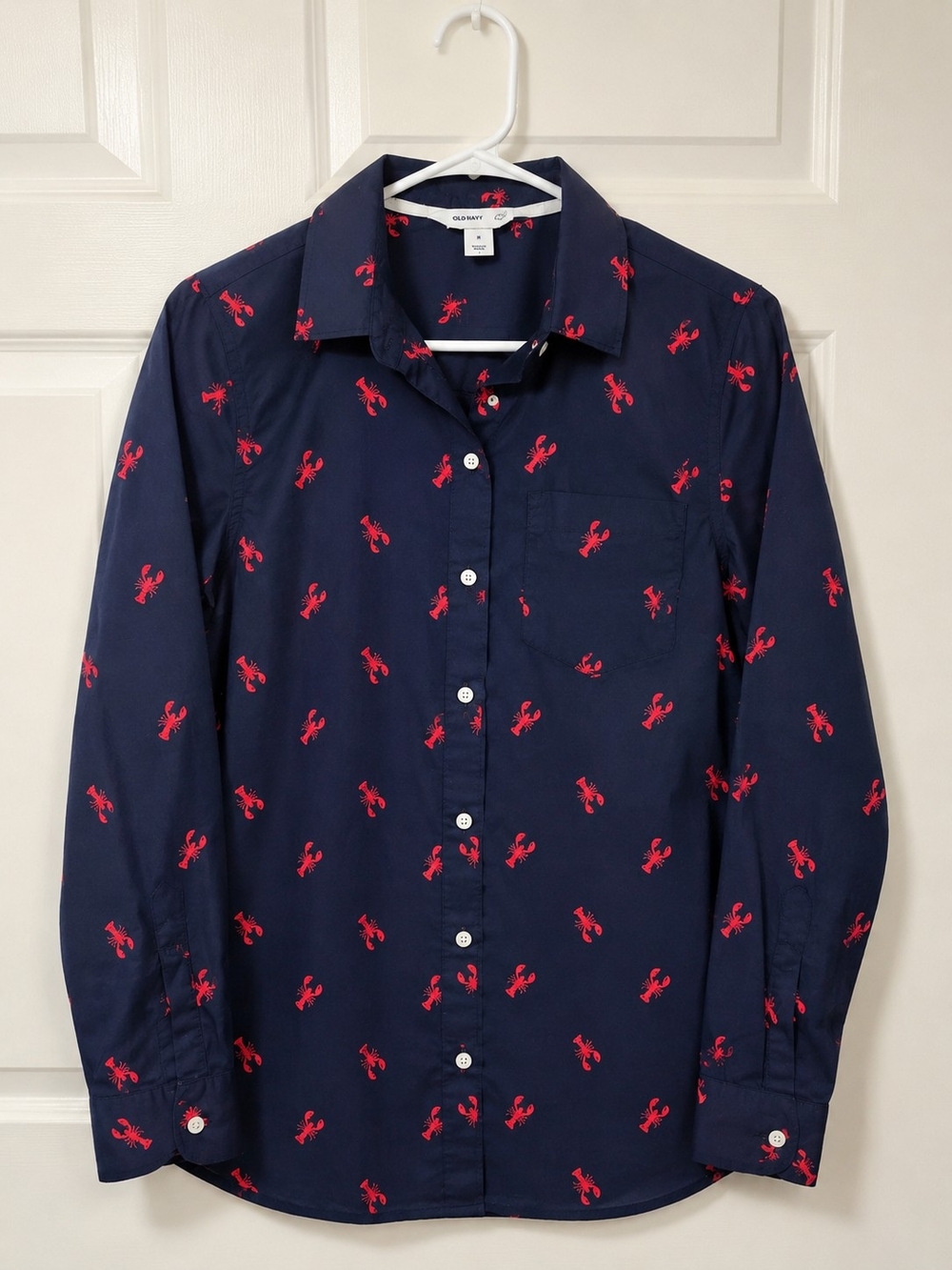 Classic Navy Button-Up Shirt with Red Lobster Print - Small
